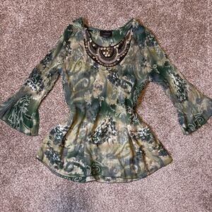 Green Beaded Floral‎ Boho Fairycore 3/4 Sleeve Fall Indie Investments Size L